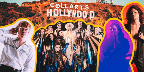 A collage of Candy Moore, Sunshine and Disco Faith Choir, Jeanie and Jeronimo Sanchez against a background of the Hollywood sign with a Photoshopped "Collarts" above it
