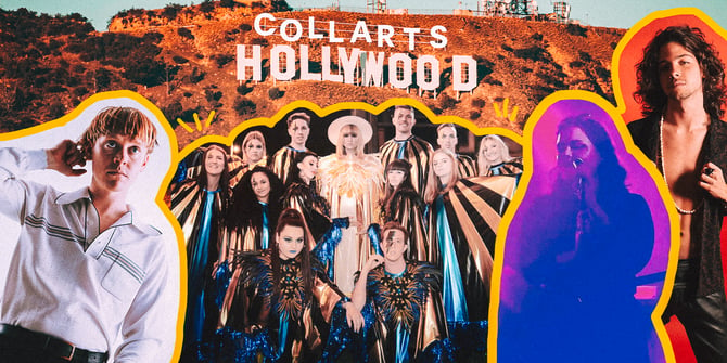 A collage of Candy Moore, Sunshine and Disco Faith Choir, Jeanie and Jeronimo Sanchez against a background of the Hollywood sign with a Photoshopped "Collarts" above it